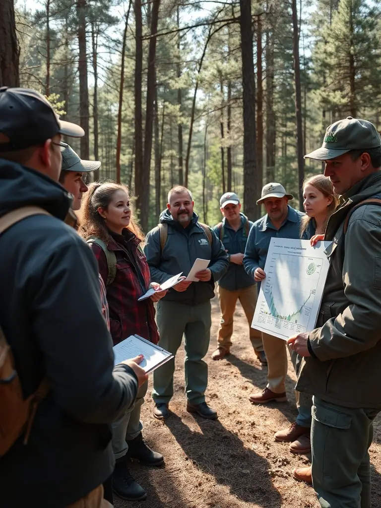 A photograph of a group of ACCA LEYNHAC members attending a workshop on sustainable hunting practices, led by a wildlife expert. The image should highlight the educational aspect of the program.