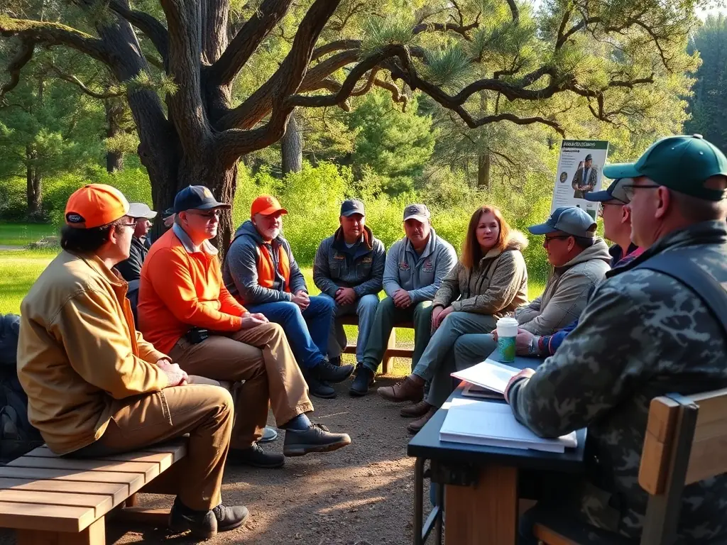 A photograph of participants in an ACCA LEYNHAC educational workshop, learning about ethical hunting practices and wildlife conservation.