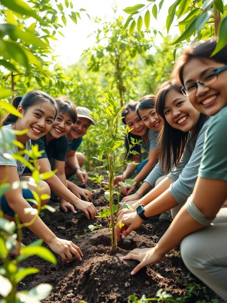 A photograph of ACCA LEYNHAC members participating in a habitat restoration project, planting trees in a deforested area. The image should convey a sense of community involvement and environmental stewardship.