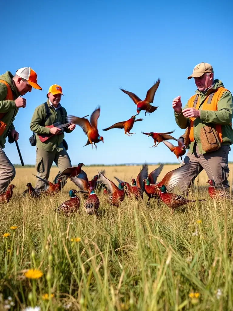 A photograph of ACCA LEYNHAC members releasing pheasants into a managed hunting area, showcasing the organization's efforts to enhance game populations for sustainable hunting.