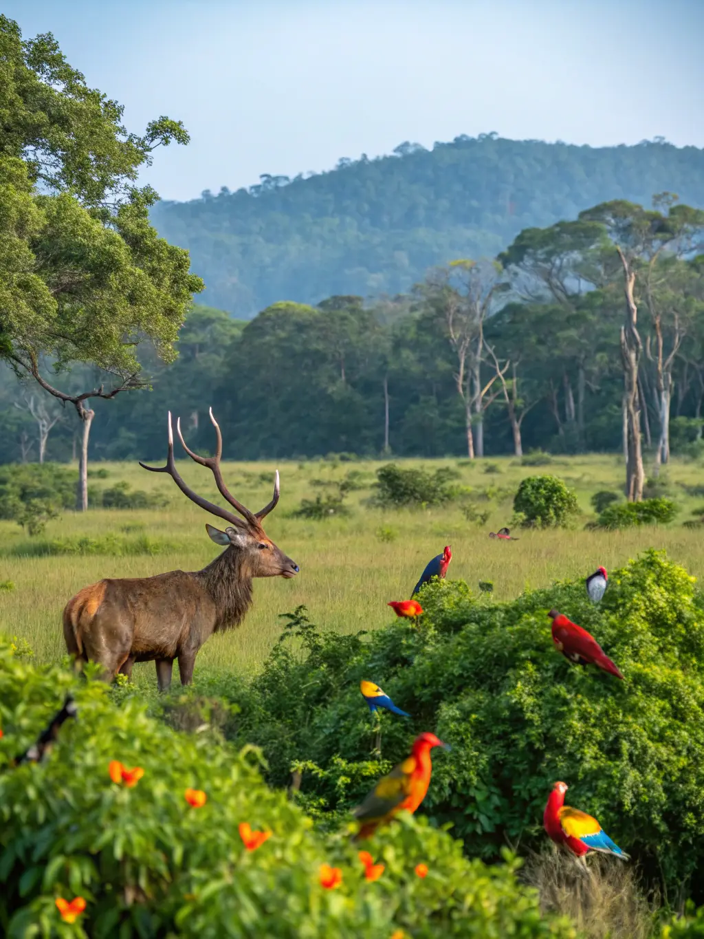 A serene image of a wildlife reserve managed by ACCA LEYNHAC, showcasing diverse species thriving in their natural environment.