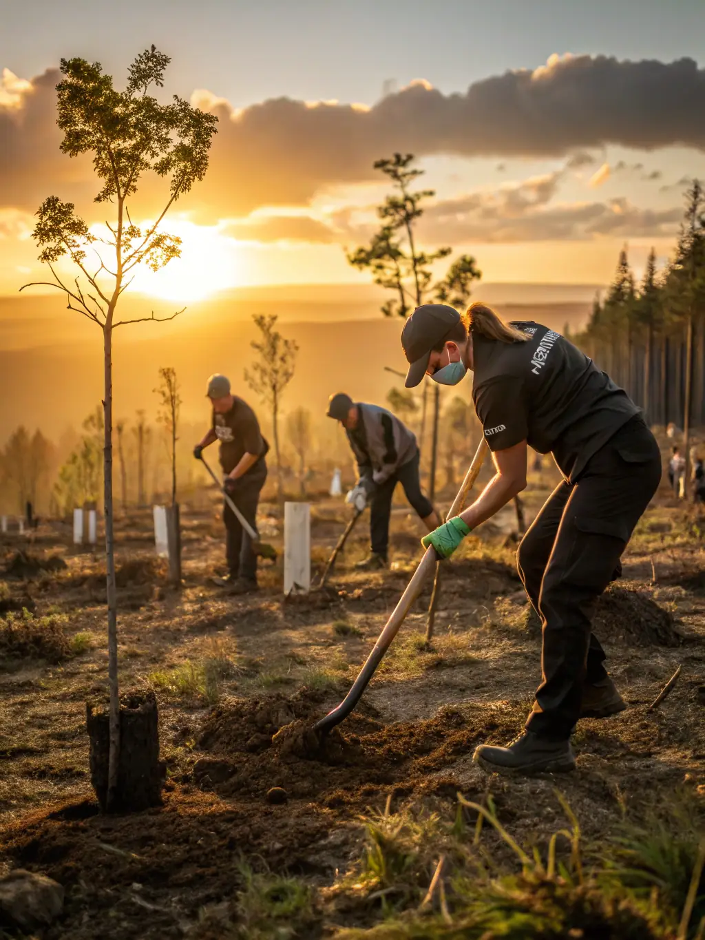 A photograph capturing a group of volunteers planting trees in a deforested area, symbolizing habitat restoration efforts by ACCA LEYNHAC.