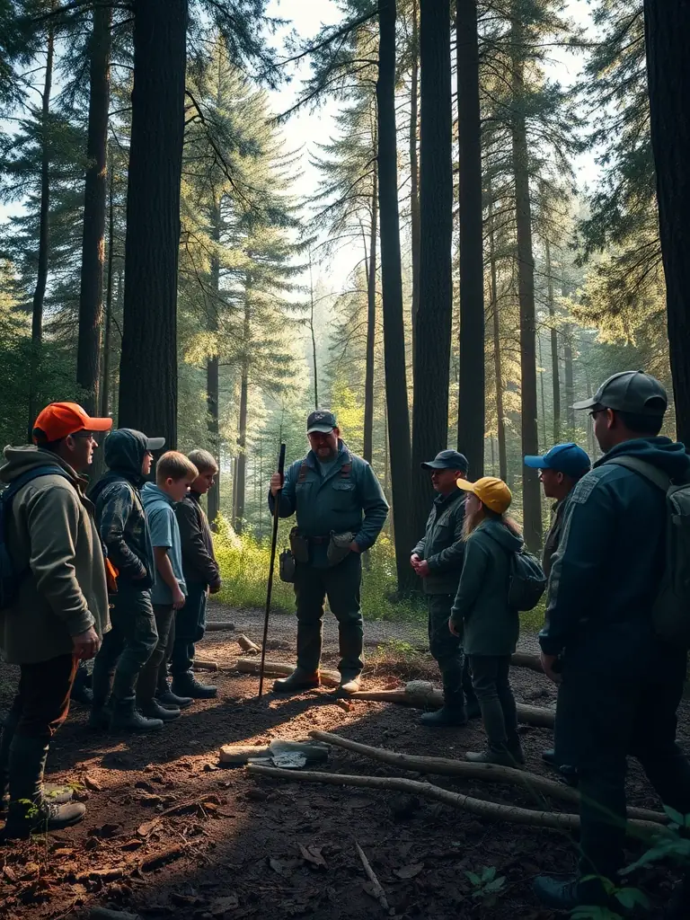 A photo of a group of hunters participating in a workshop on ethical hunting practices, emphasizing responsible and sustainable hunting.